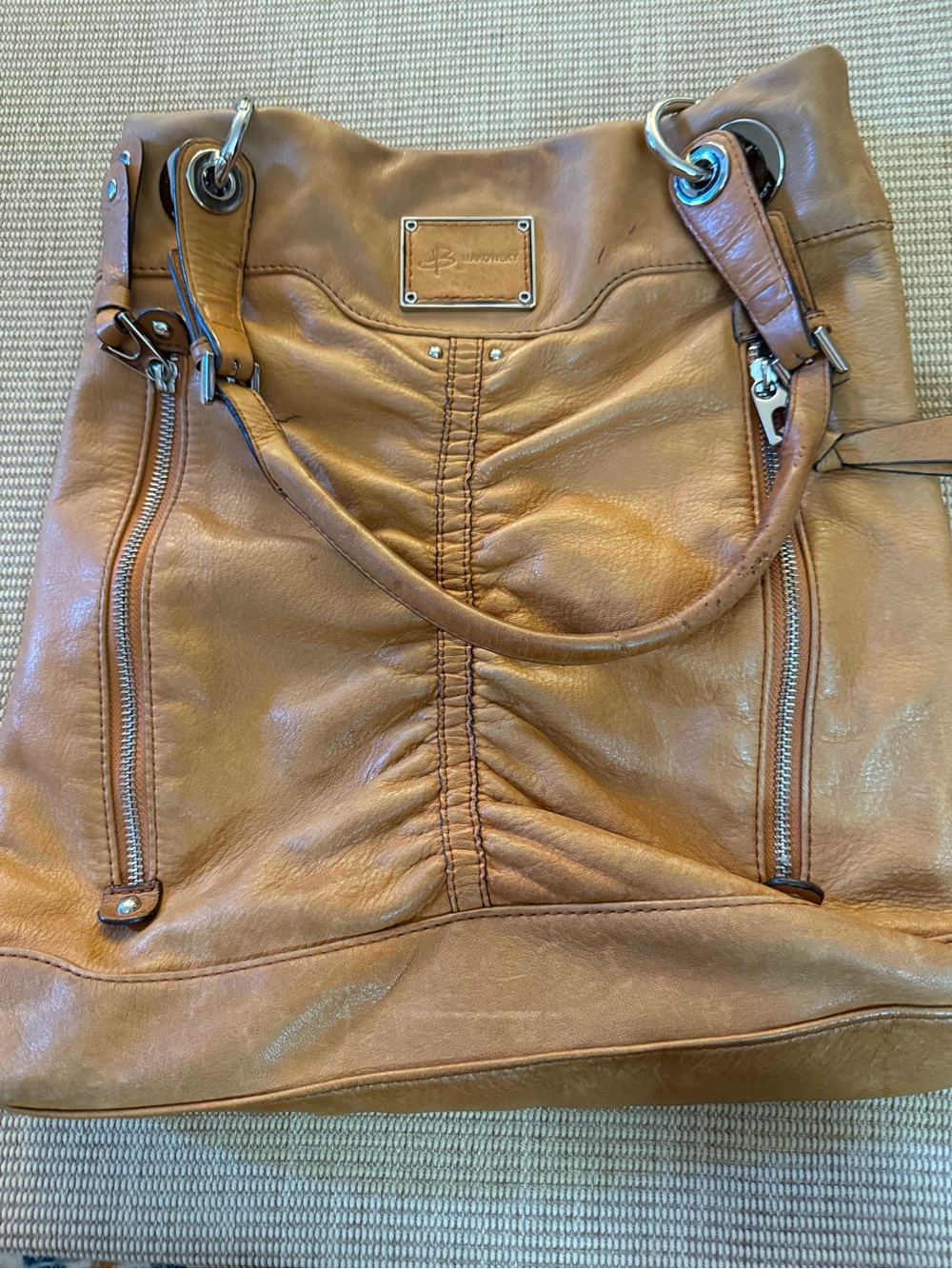 b. makowsky Tan Leather Shoulder Tote with Ruched Center & Front Zippers
